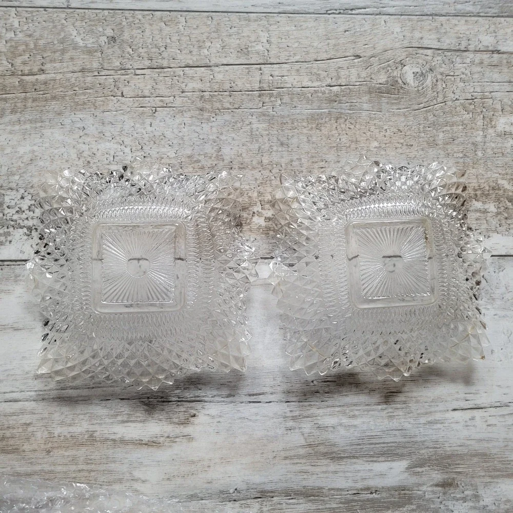 Pair of Vintage Indiana Glass Diamond Point‎ Square Bowls – Clear Pressed Glass